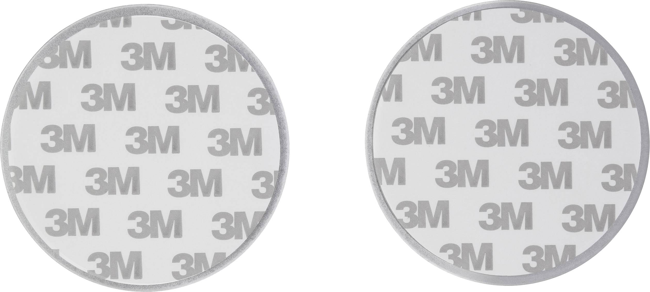 Two round grey adhesive pads with the '3M' imprint, positioned side by side on a white background.