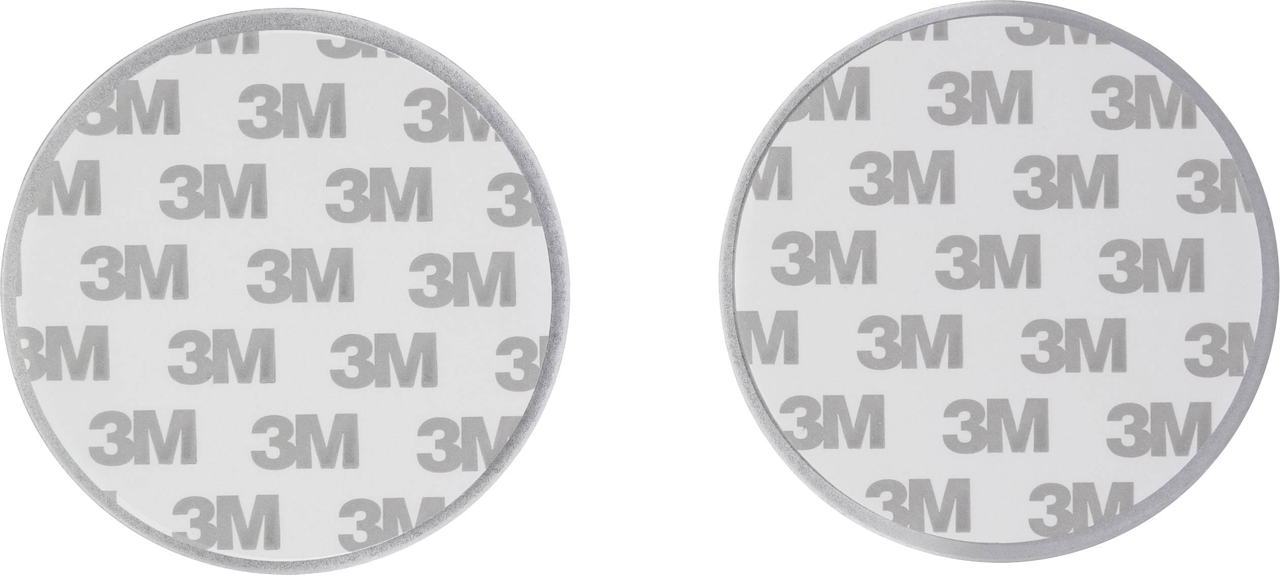 Two round, grey 3M adhesive pads, evenly placed side by side, on a light background.
