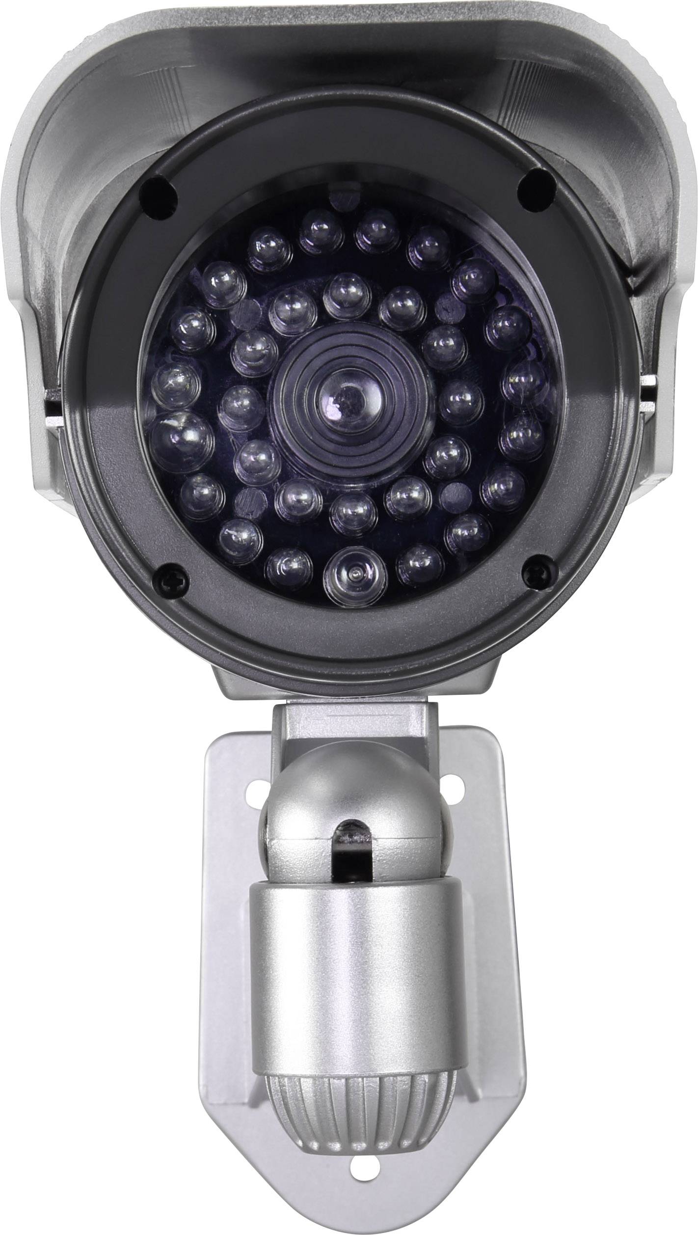 Surveillance camera with infrared LEDs, suitable for security monitoring, mounted on an adjustable bracket.