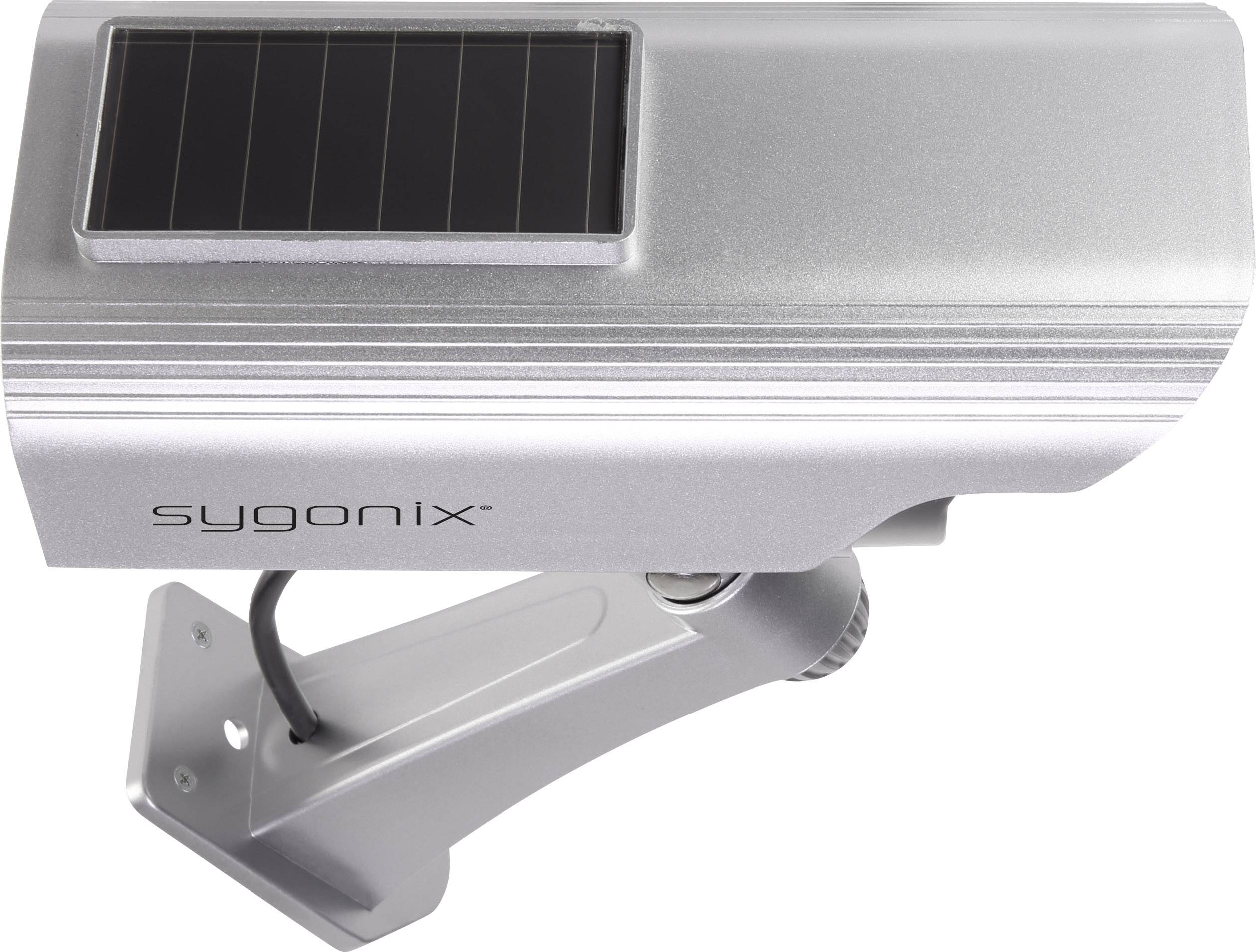 Silver surveillance camera with solar panel.
