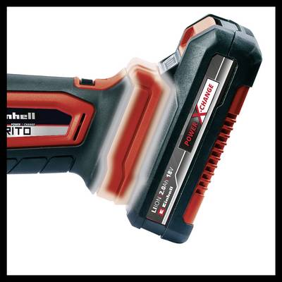 A battery pack with red and black design, marked with 'Power X-Change', shows its positioning on a cordless tool.