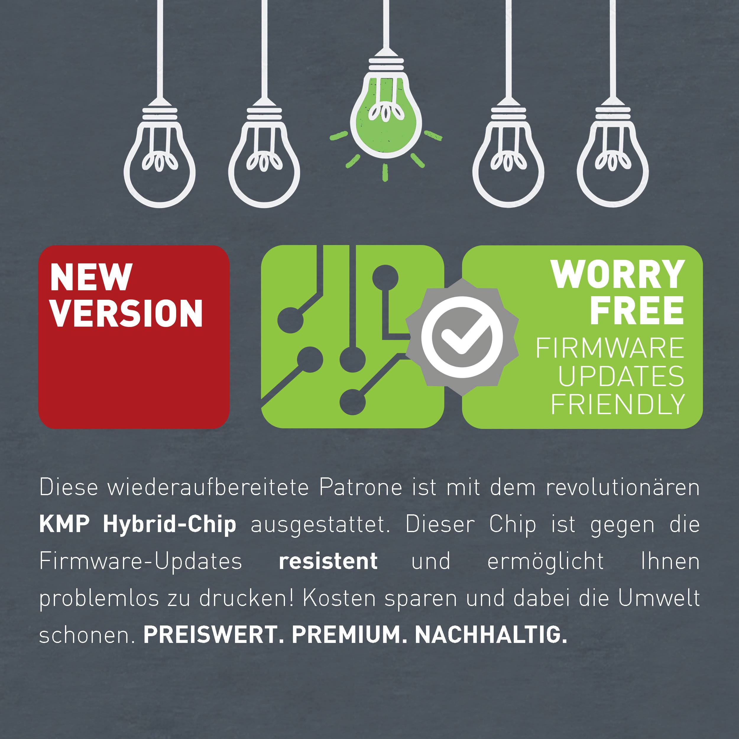 Six light bulbs, one with a green leaf, symbolise environmentally friendly firmware updates. Text: 'KMP Hybrid Chip: Firmware Updates Enabled.'