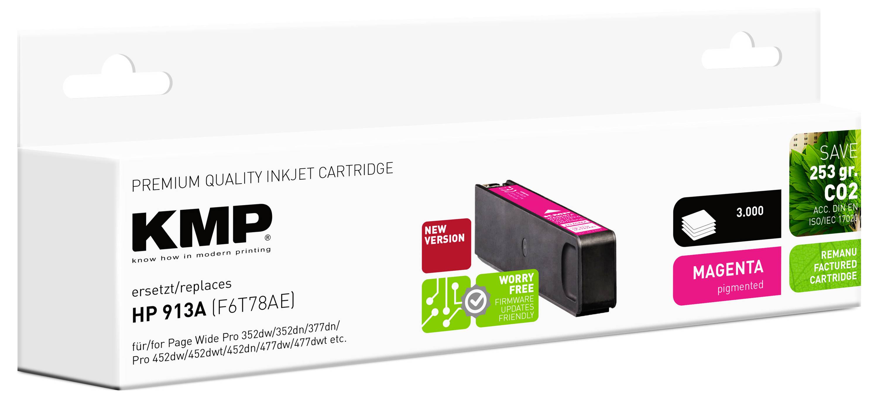 Cartridge box for KMP premium magenta ink, replacing HP 913A (F6T78AE). Highlights 3,000 pages yield, eco-friendly, and HP printer compatibility.