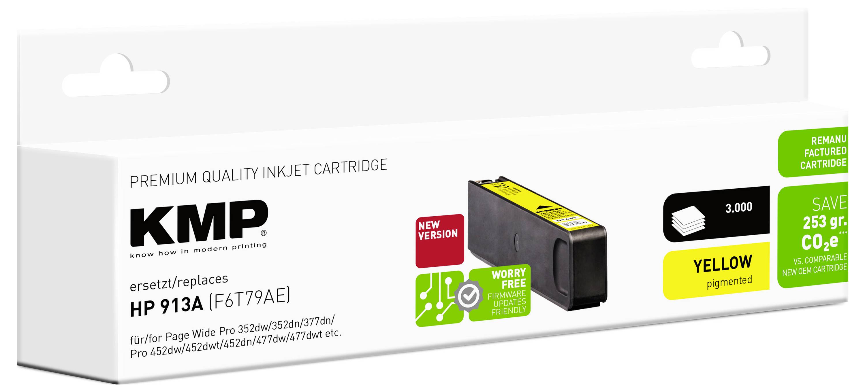 KMP premium quality inkjet cartridge box for HP 913A, yellow pigment, with 'new version' and 'save 253 g CO2e' labels.