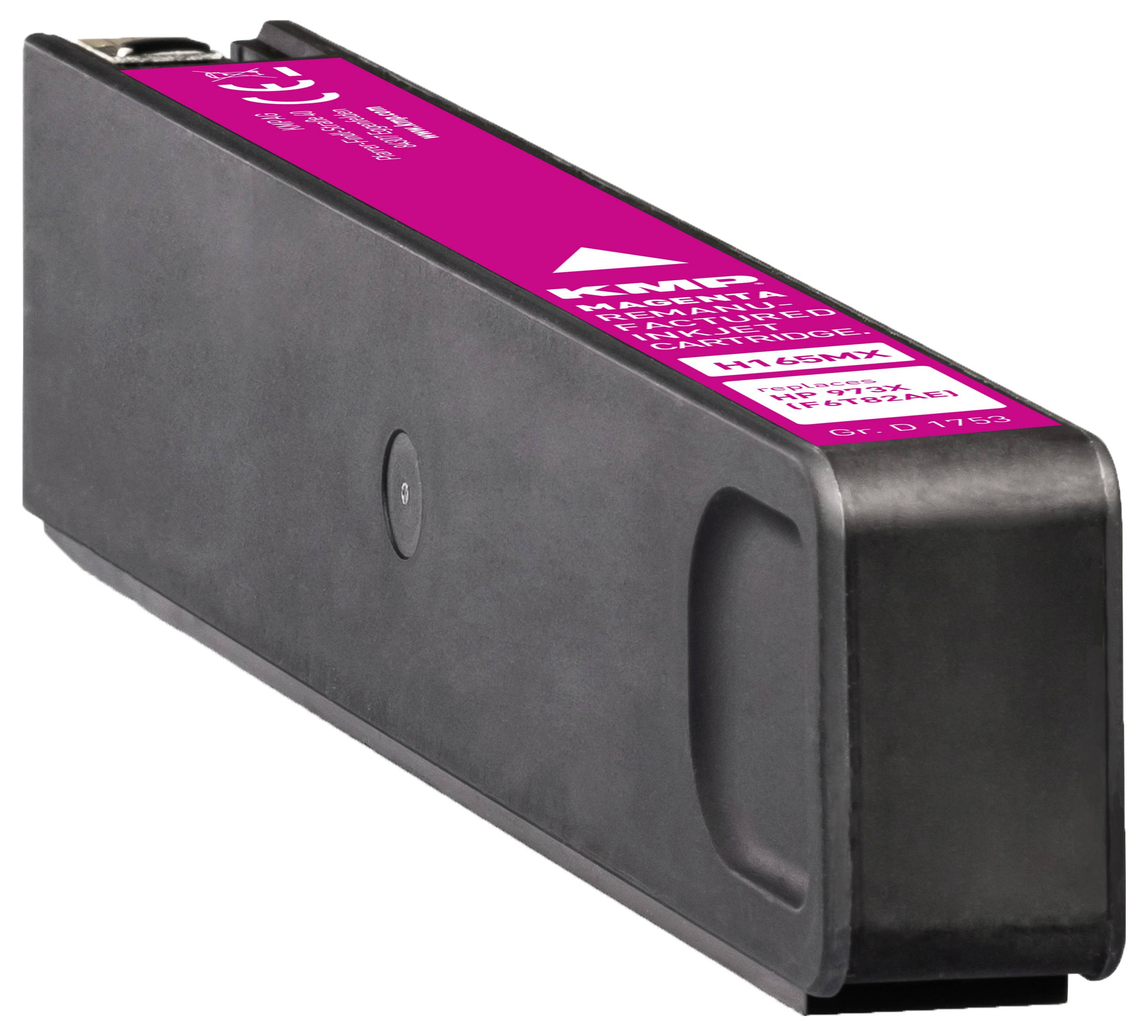 A magenta KMP ink cartridge for a printer with product details visible on the label.