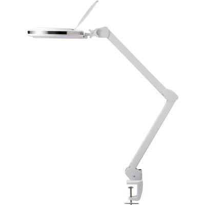 A white desk lamp with an adjustable arm and a clip for attaching to the edge of the desk, suitable for precise work.