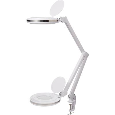 A white magnifying lamp with an adjustable arm and table clamp. Primarily for precision work or detailed examinations.