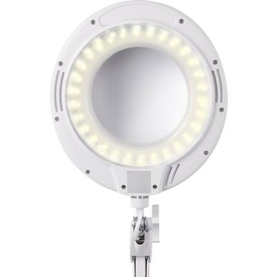 A white, round LED lamp with an integrated magnifying glass on an adjustable arm. Perfect for precision work or detailed examinations.