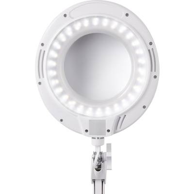 A round, white LED lamp with a mirror in the centre, suitable for makeup applications or detailed work.
