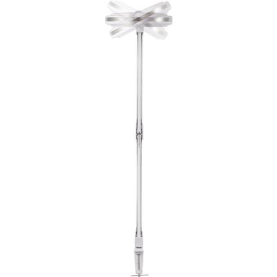 Long, silver mixer with a rotating mixing head. Used for mixing or stirring in the kitchen.