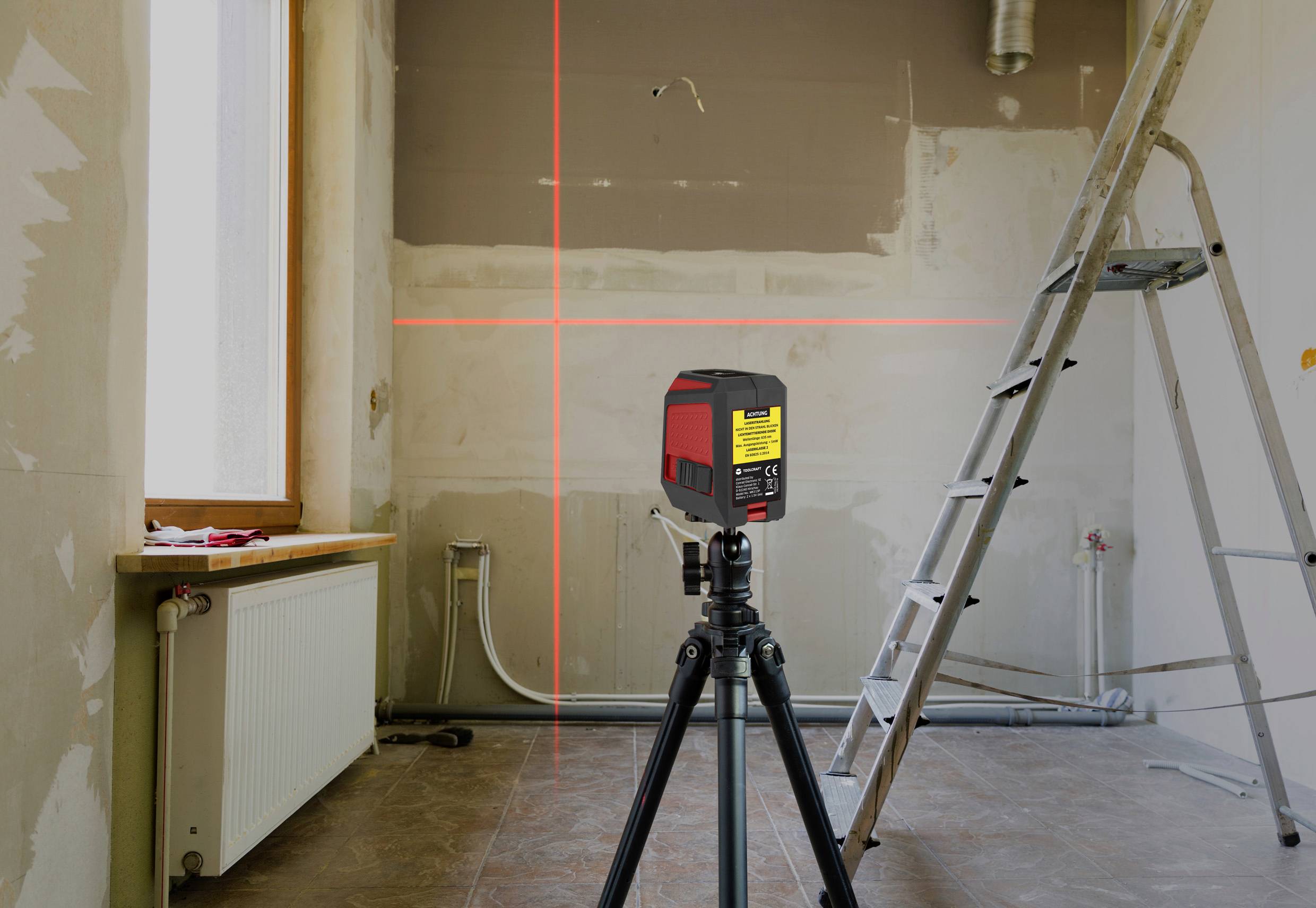 TOOLCRAFT CL12 Cross line laser Incl. bag, Self-levelling Range (max.): 12 m Calibrated to: Manufacturer's standards (no-13