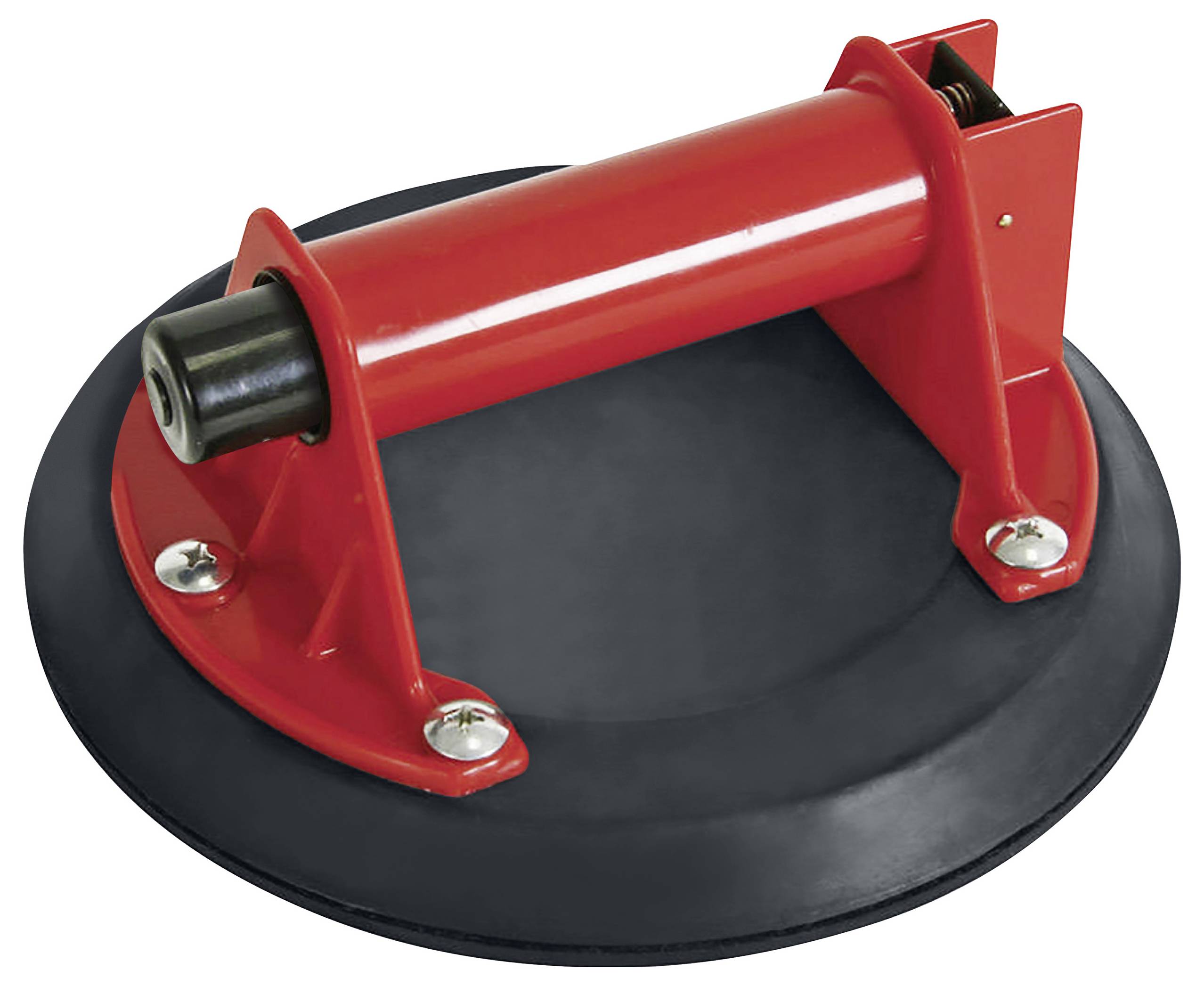 Red handle with black rubber suction cup, suitable for lifting smooth surfaces such as glass or tiles. Suitable for construction work.