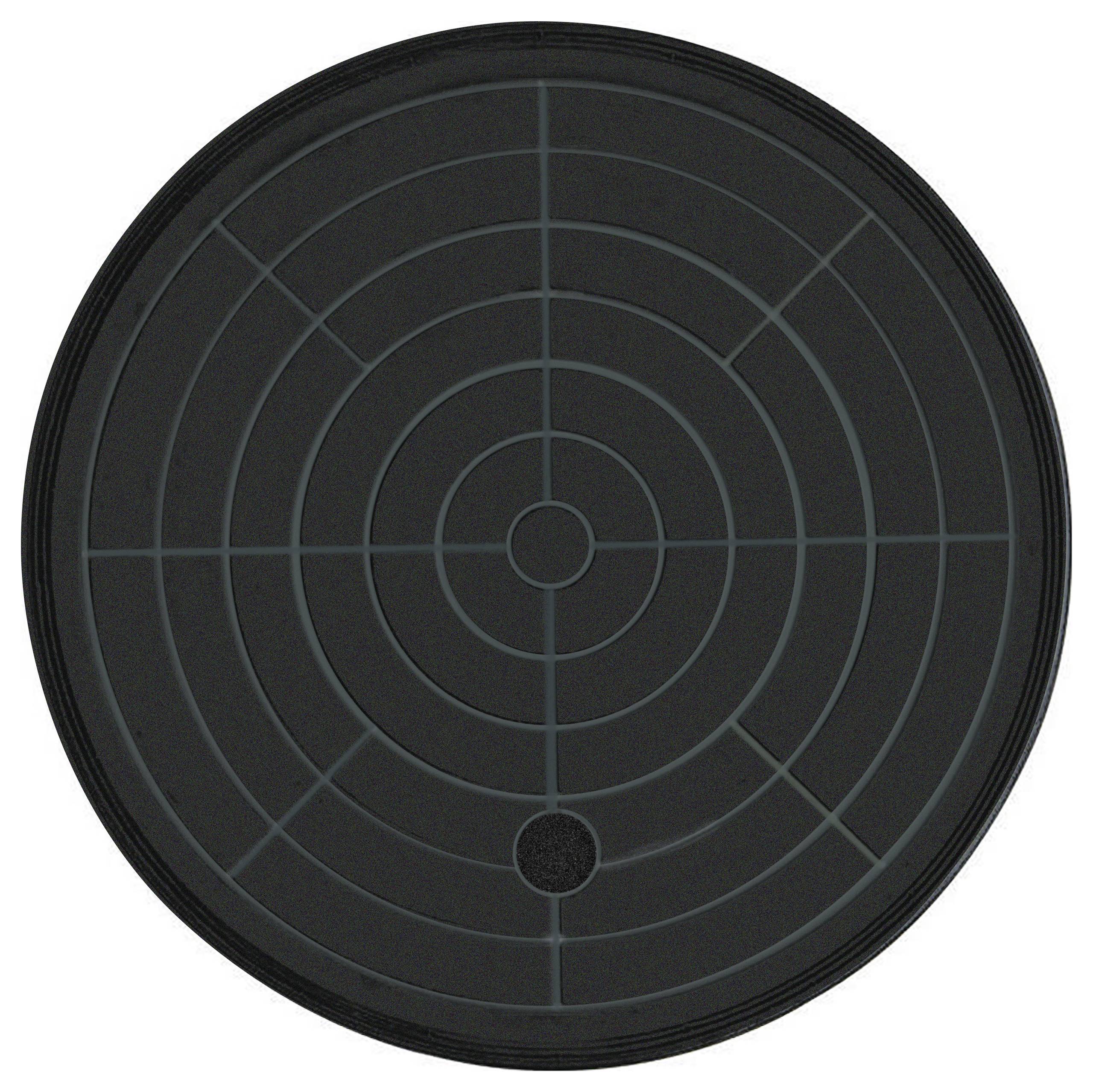 A round, black grill insert with a lattice pattern extending from the centre outwards. Suitable for ventilation.