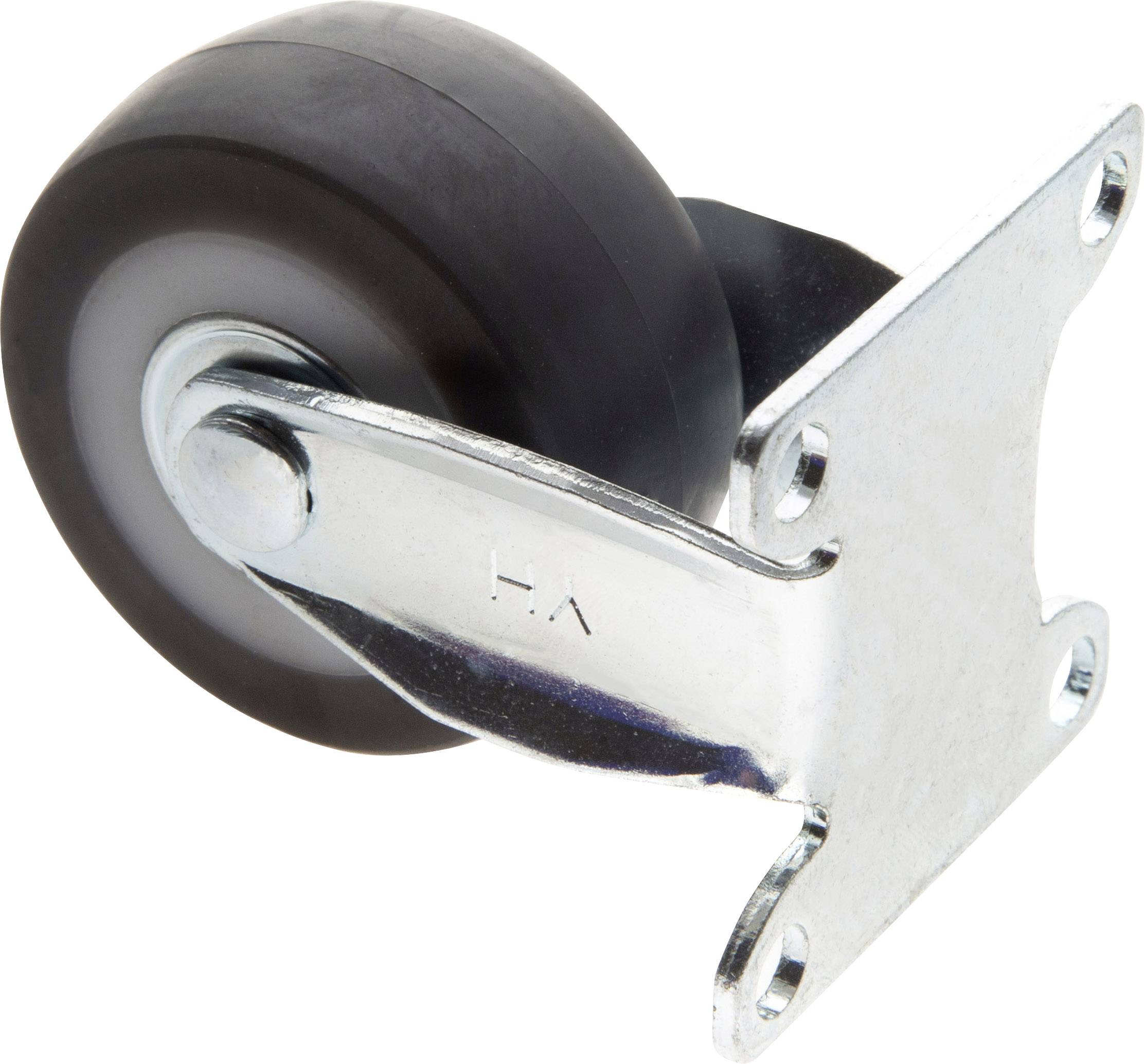 Swivel castor with black rubber wheel and metal mounting bracket. Suitable for furniture or transport trolleys.