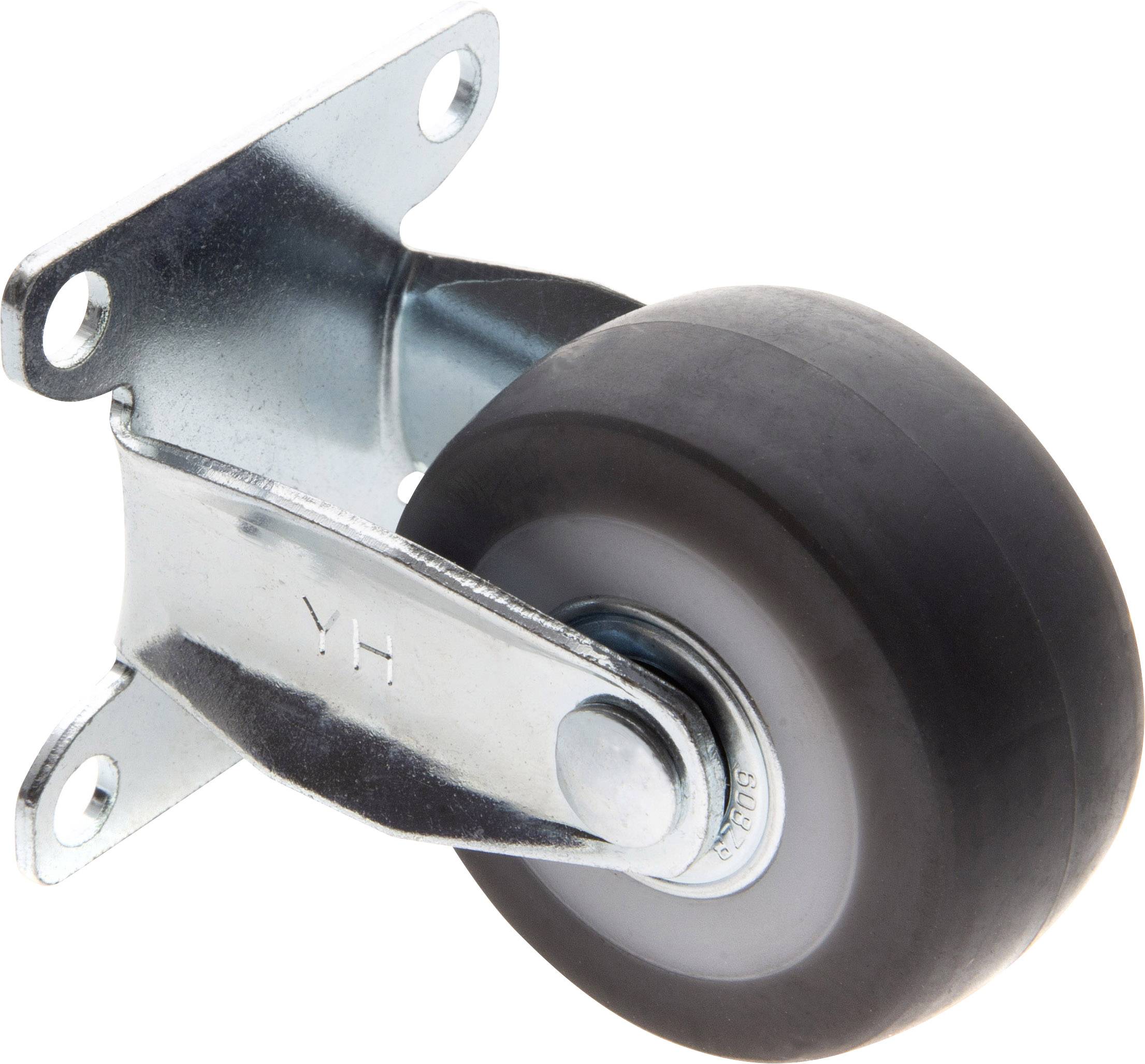 Metal and rubber castor wheel with mounting plate and screw holes. Suitable for furniture or trolleys.
