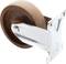 Castor wheel with a brown wheel and silver metal mounting element, side view. Suitable for furniture or equipment assembly.