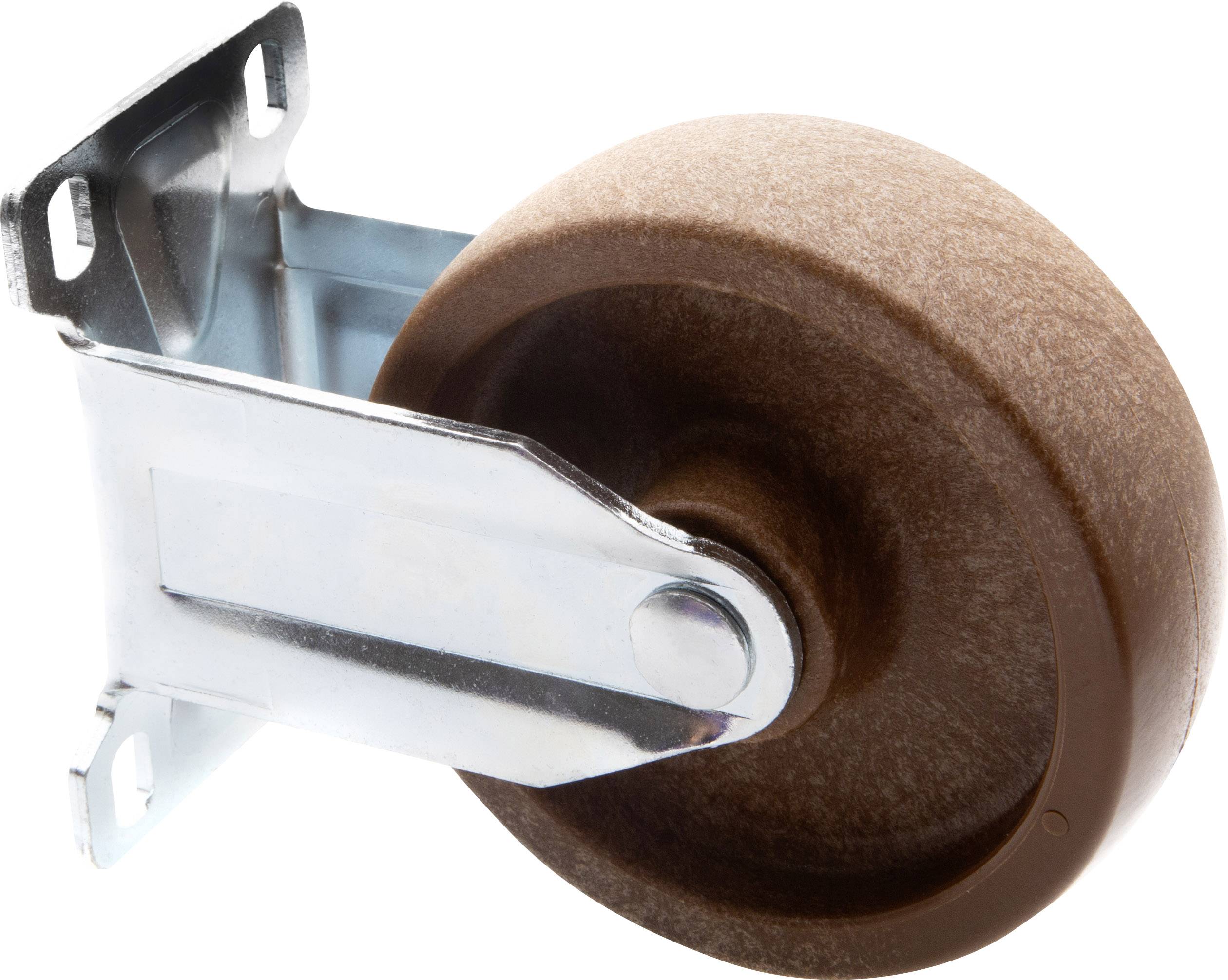 A brown wheel with a metal bracket, a flat mounting angle, and a metallic frame, for attaching to furniture or equipment.