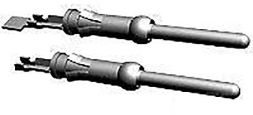 Two metallic plug contacts that can be used for electrical connection in electronic devices.