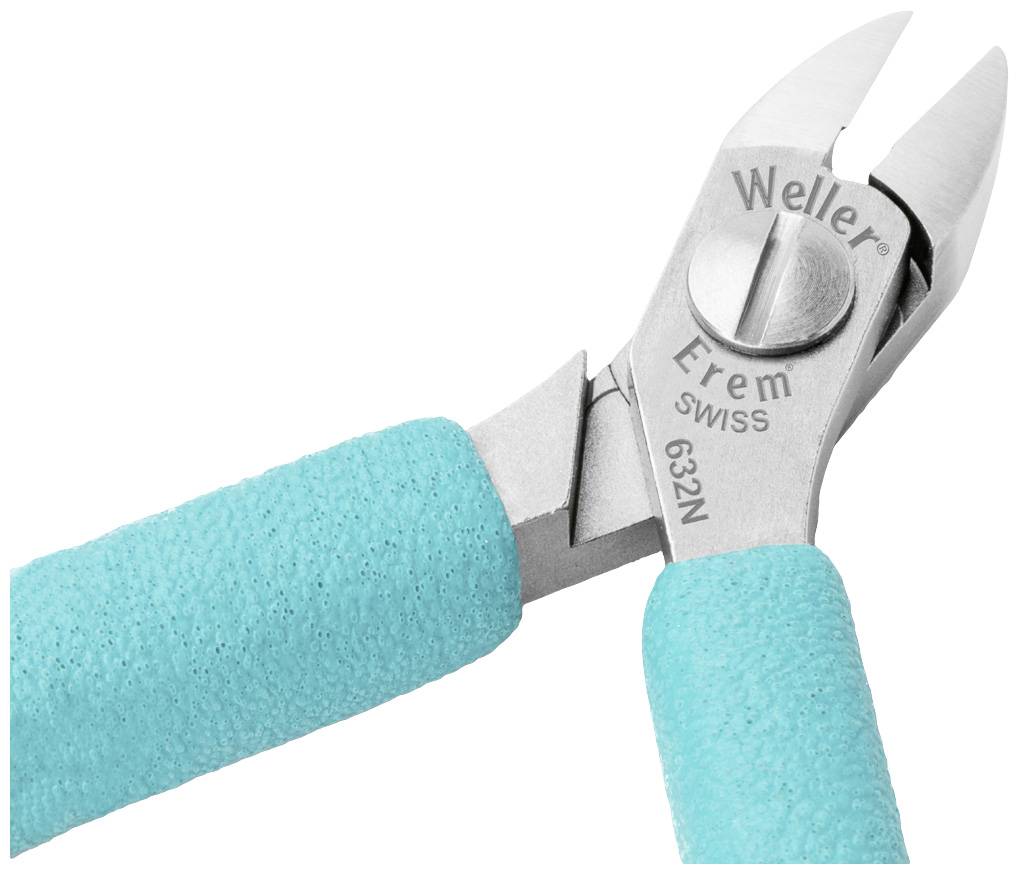 Wire cutters for severing wires, with a turquoise handle and the engraving 'Weller', 'Erem', 'Swiss', '632N' on the metal surface.