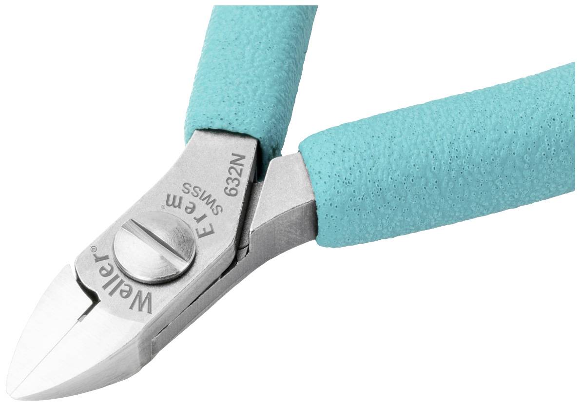 A silver wire cutting pliers with blue handles, marked with 'Wiha 632N'. Used for precise wire cutting.