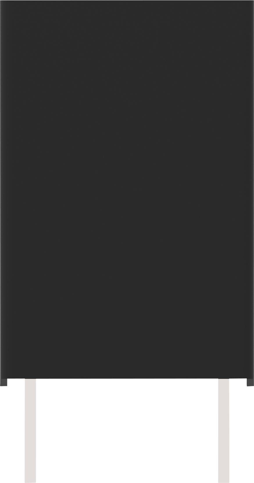 A black rectangular electrical capacitor with two metal terminals at the bottom, against a white background.