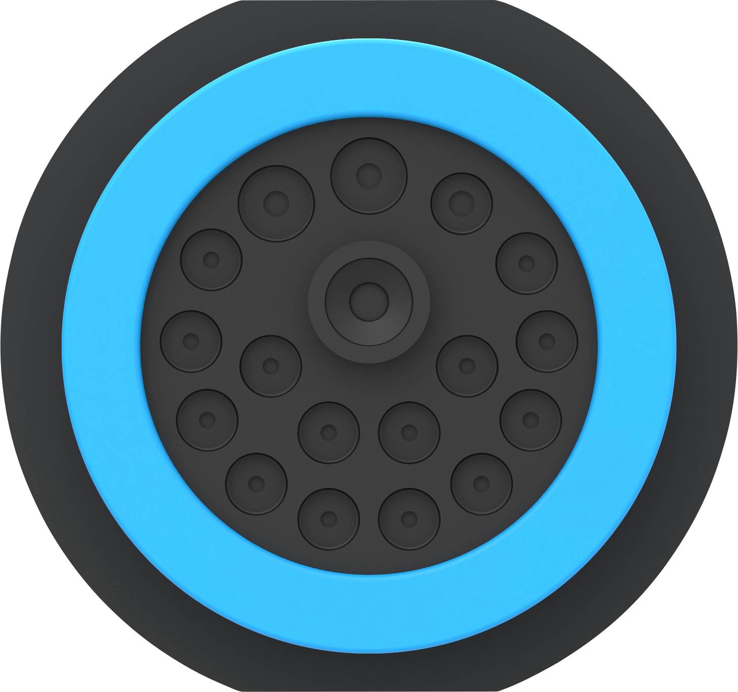Circular pattern with a blue ring surrounding black concentric circles in the centre, reminiscent of a modern design.