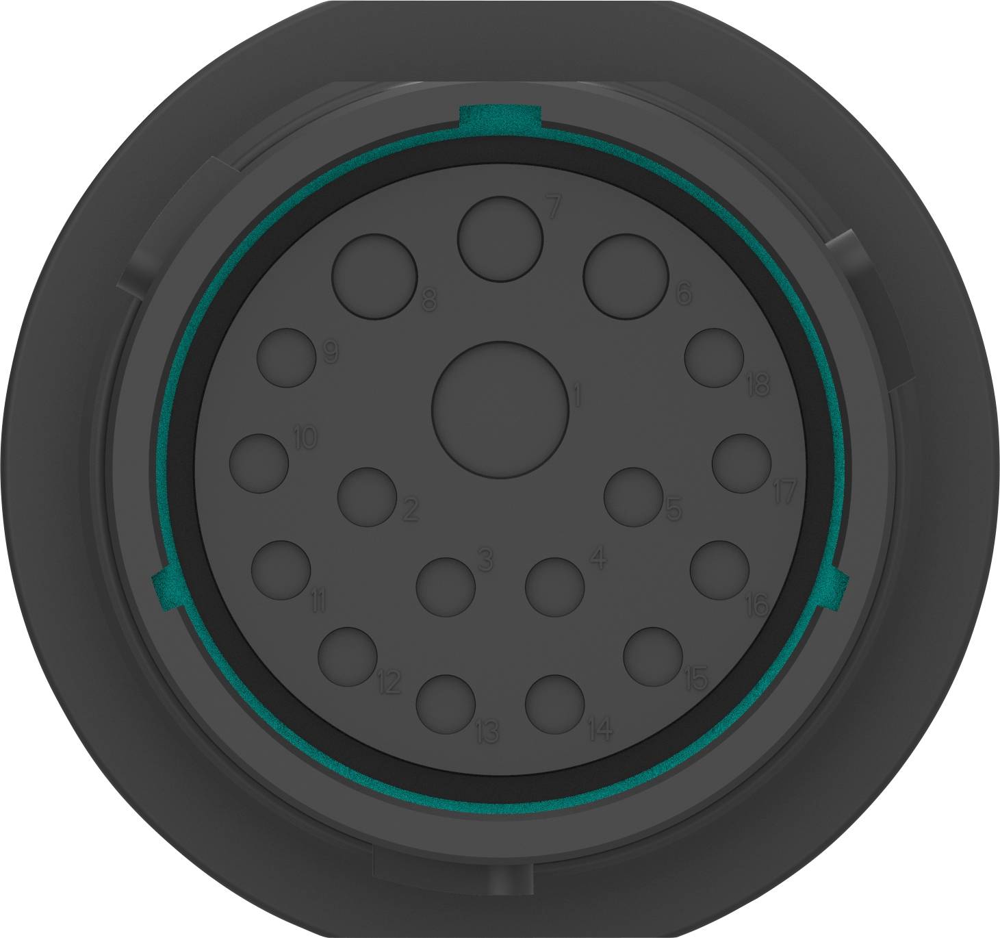 A round plug with multiple contacts arranged in a circular pattern, predominantly in dark colour tones.