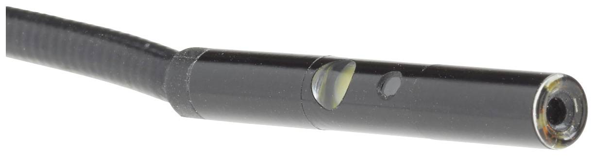 Black metal pipe with two small holes and an attached cable, possibly part of a technical device or tool.