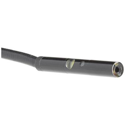 Black metal pipe with two small holes and an attached cable, possibly part of a technical device or tool.