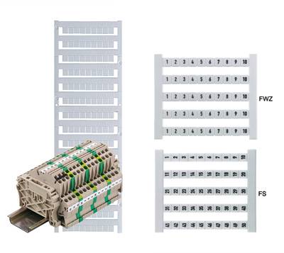 An electrical cabinet with labelled terminal blocks mounted on DIN rails, alongside two types of terminal strip covers: 'FWZ' and 'FS'.