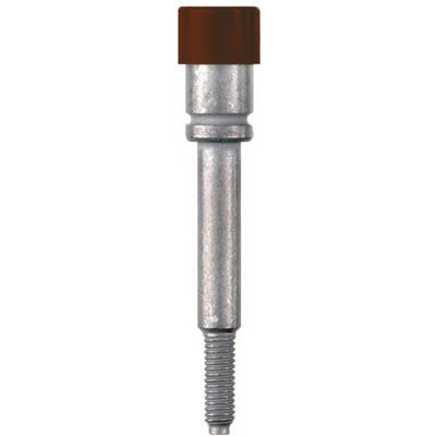 Silver metallic pin with a red cap, cylindrical and threaded at the lower end, standing upright.
