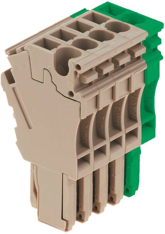 A beige and green terminal block with multiple slots, suitable for industrial electrical connections.