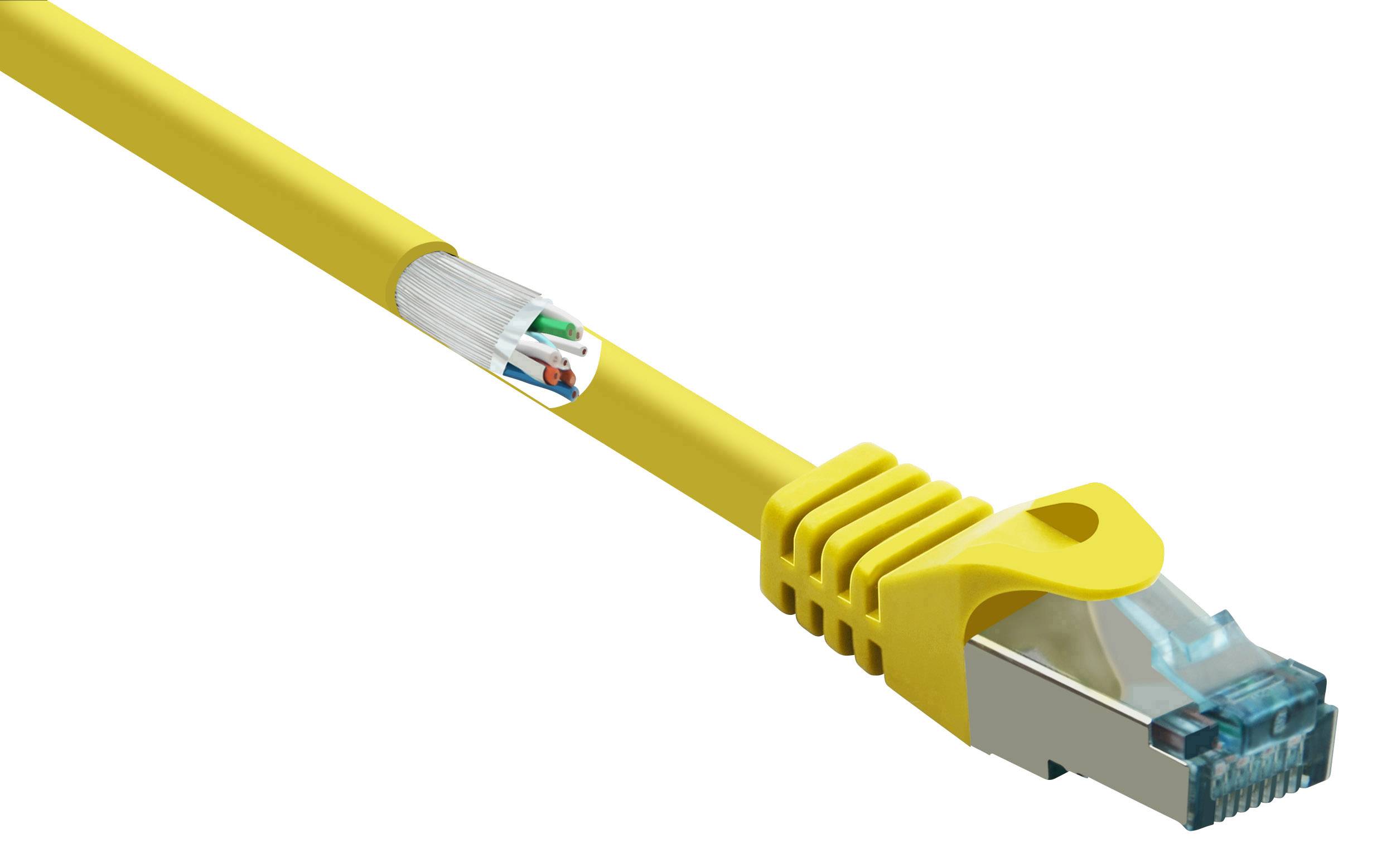 A yellow Ethernet cable with RJ45 connectors, commonly used for networks.