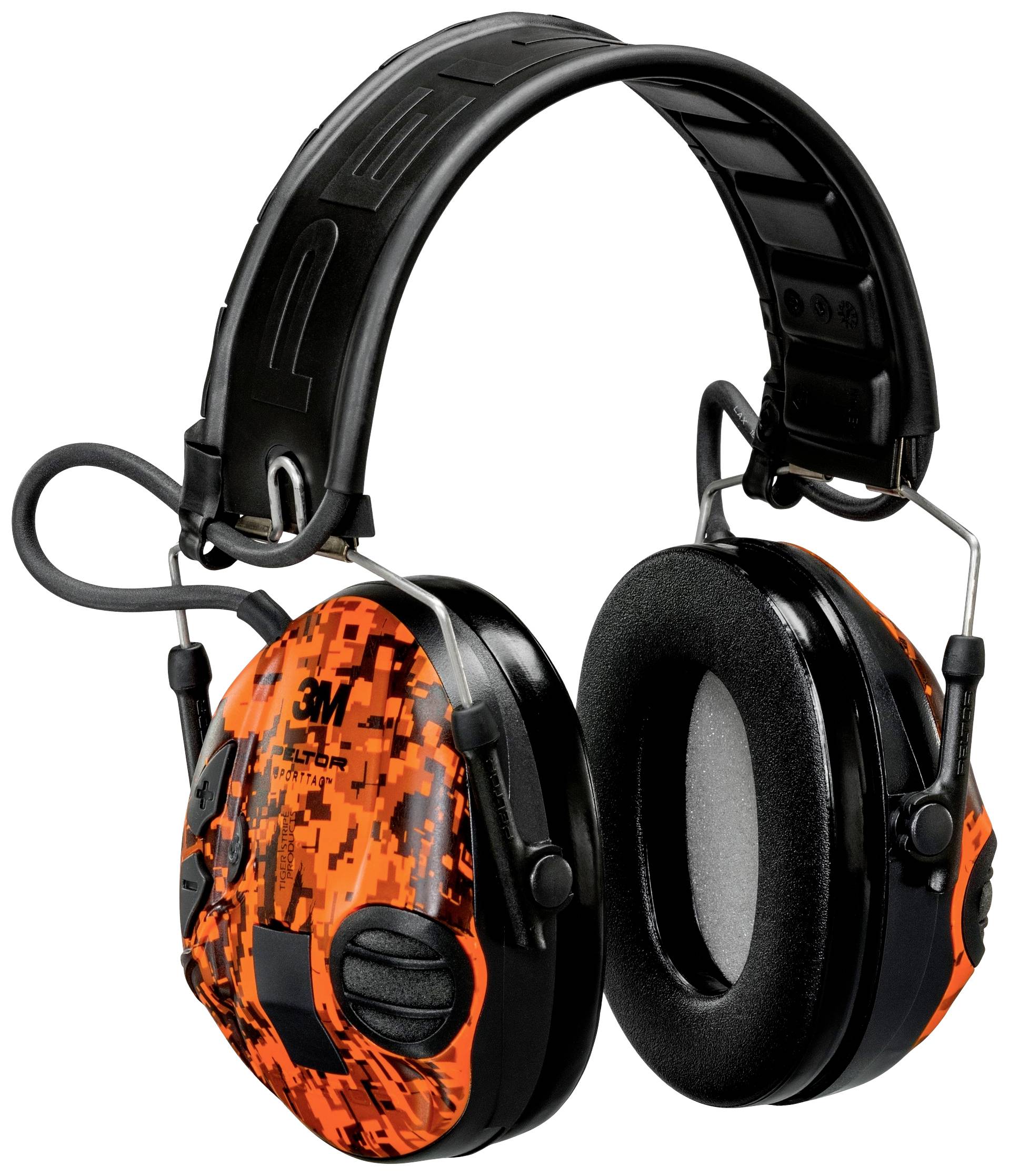 Red ear defenders with a black and orange digital camouflage pattern, black arms, suitable for noise reduction in loud environments.