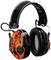 Red ear defenders with a black and orange digital camouflage pattern, black arms, suitable for noise reduction in loud environments.