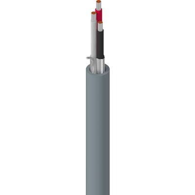 A cross-section of a cable with multiple differently coloured conductors in a grey sheath, showing its internal structure.