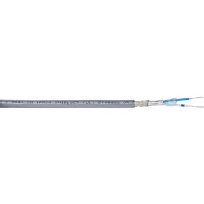 A grey coaxial cable with a blue protective sheath is cut open to reveal the inner braiding and insulation.