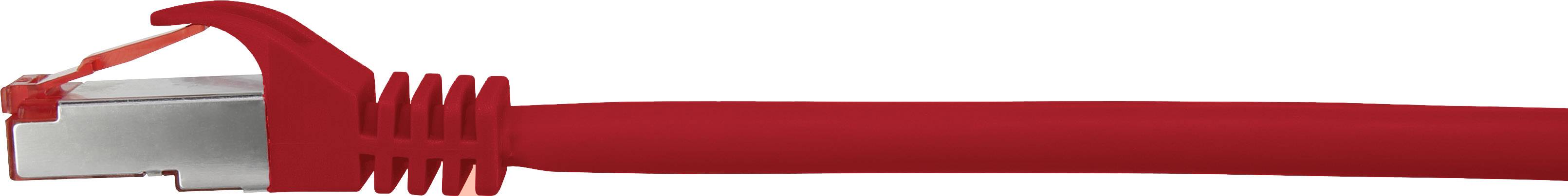 Red Ethernet cable with RJ45 connector on white background, ready for network connection.