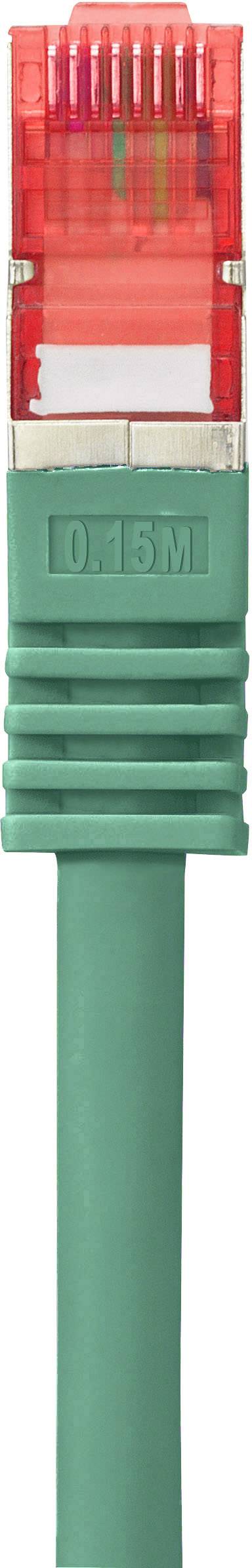 A green network cable with a red plug, 0.5 metres long, vertically positioned.