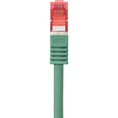 A green network cable with a red plug, 0.5 metres long, vertically positioned.