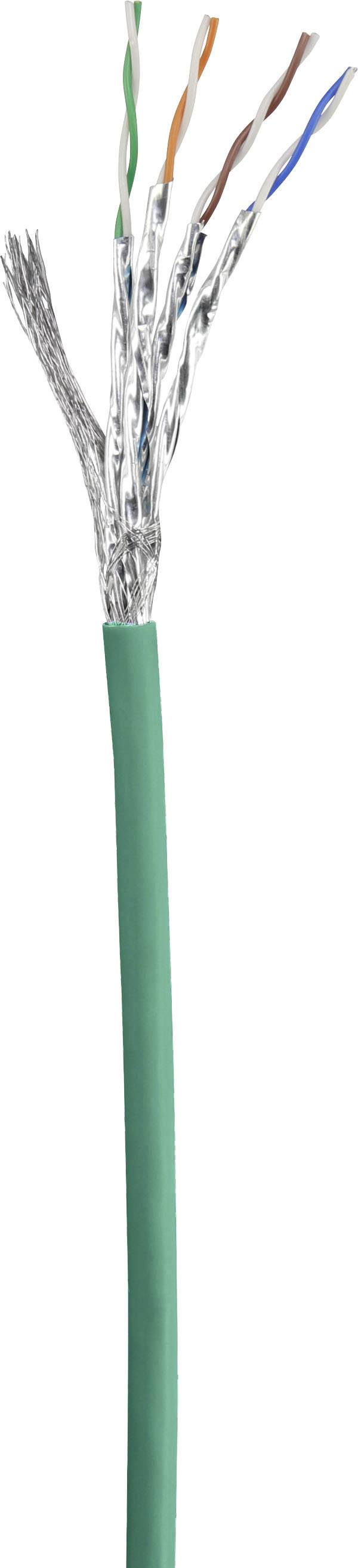 Green network cable with multiple wires and shielding, showing the internal structure for data transmission.