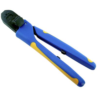 A blue and yellow crimping tool for connecting cables. It has long handles and a black crimping head.
