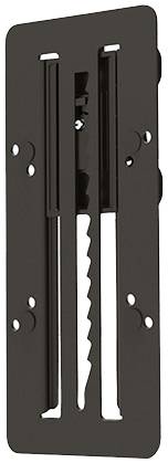 A rectangular, black metal component with multiple holes and slots, potentially a mounting solution or bracket.