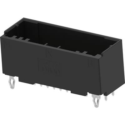 Black electronic connector with multiple metal pins, suitable for receiving a matching plug on a circuit board.