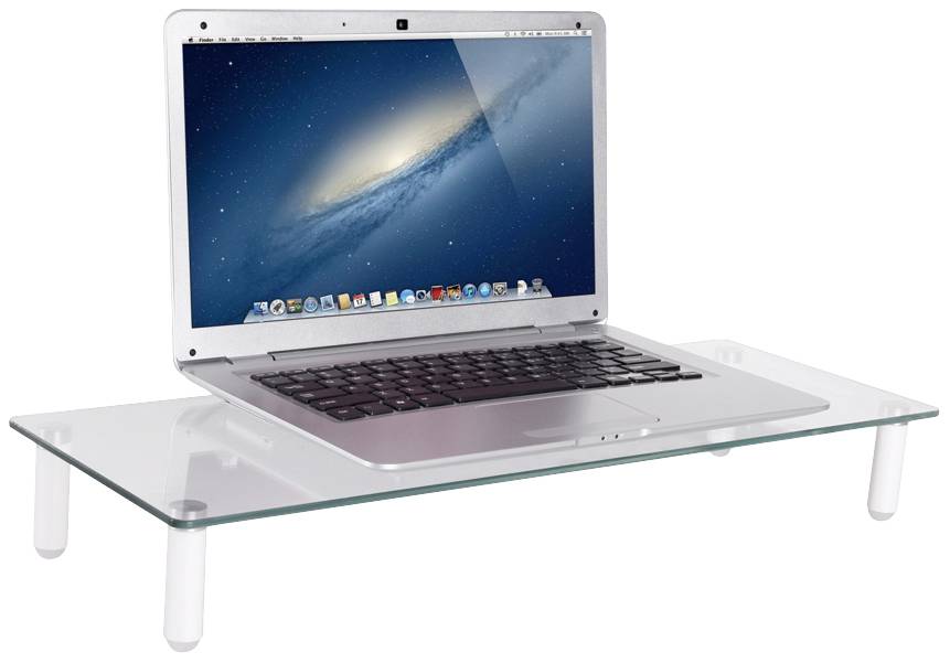 A laptop on a transparent glass table, displaying a blue screen background.