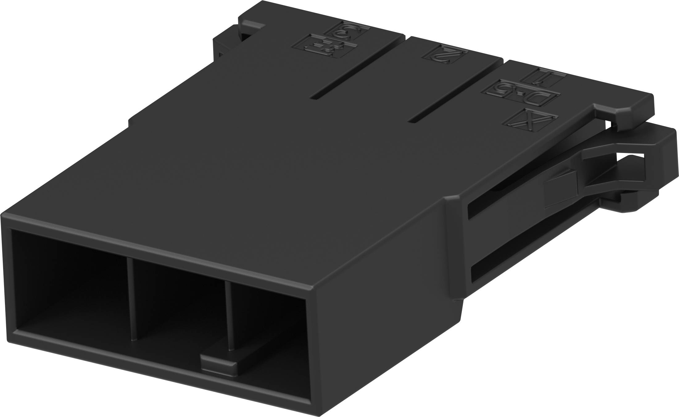 Black plastic plug with two openings and a side clip. Provides electrical connection, typical for internal devices.