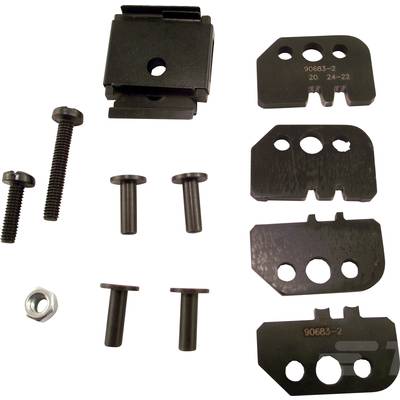 A set of black metal parts and connecting elements, including screws, nuts, and plates, arranged on a white background.