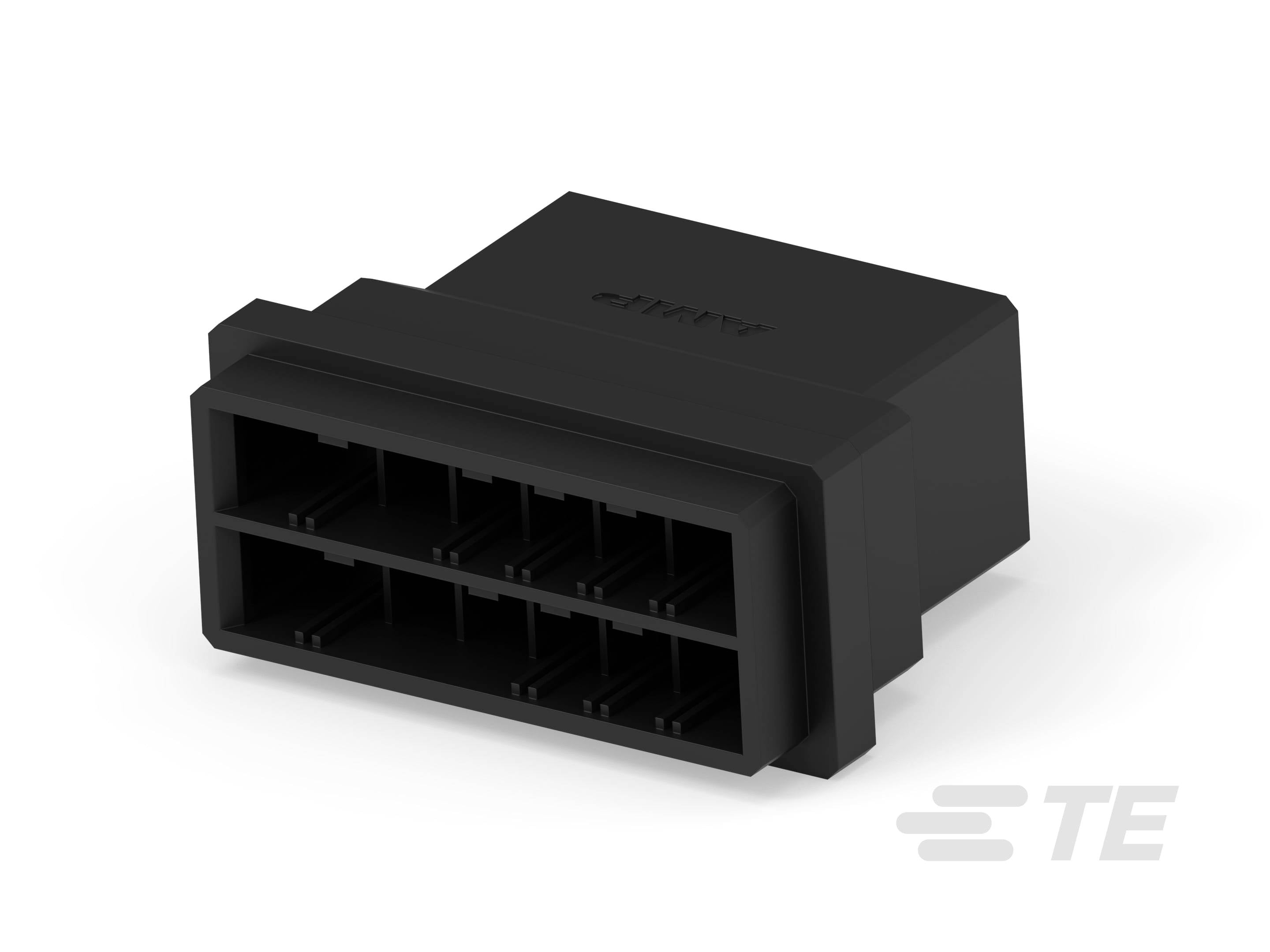 A black connector with two rows of terminals. A logo is visible in the bottom right corner.