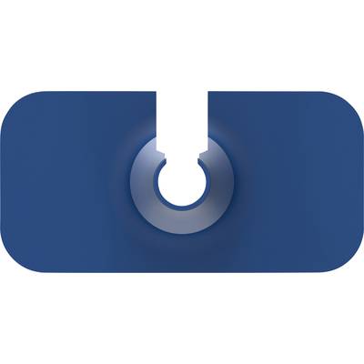 Blue rectangle with rounded corners; centrally positioned, a large, curved silver ring with a cut-out white rectangle at the top.