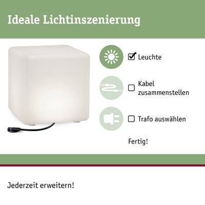 Cube-shaped Light with Cable and Plug, Text 'Ideal Lighting Staging', Symbols for Light Fitting, Cable and Transformer